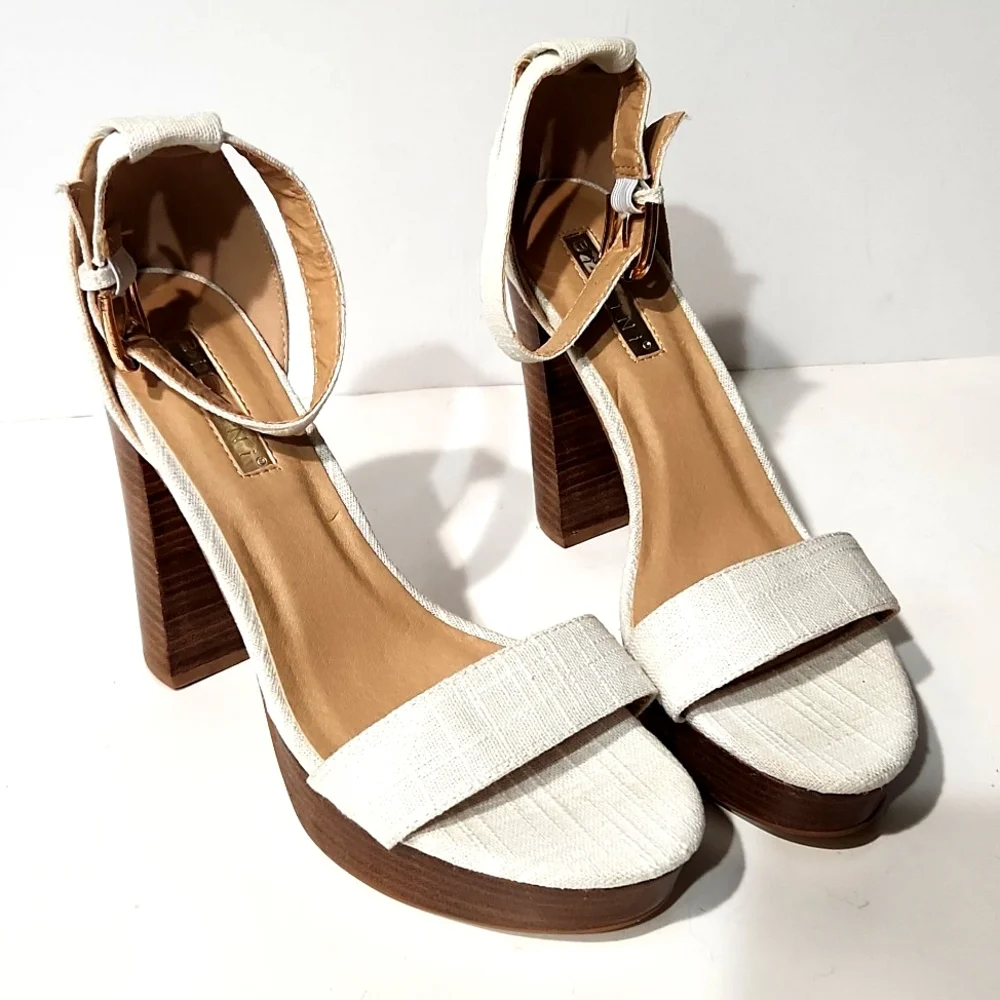 NEW Billini Tahiti White Linen Wood Platform Heels Size 10
